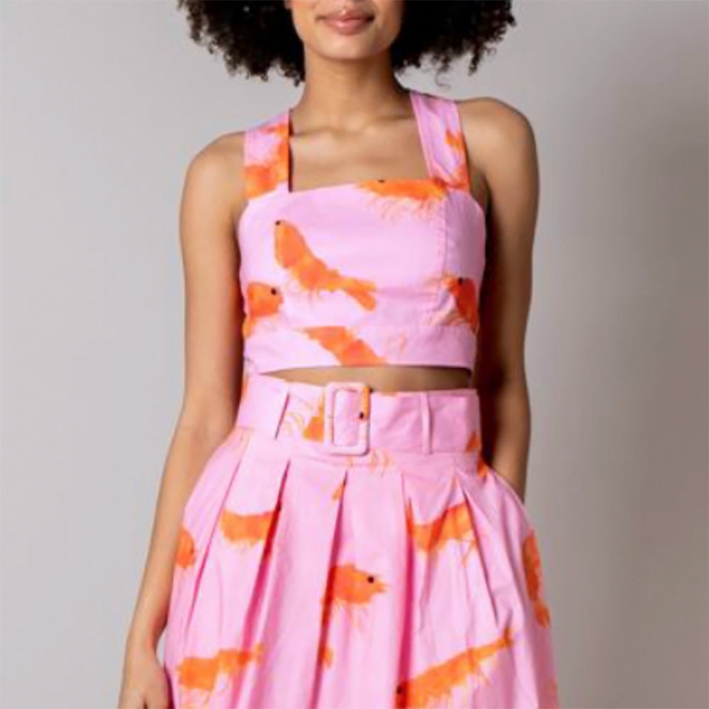 Rachel Antonoff Antonia Crop Tank Top Pink Shrimp Prawn Print Seafood 14